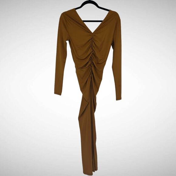 Veronica Beard Gilbert Antique Gold Jersey Long Sleeve Ruched Midi Dress Size 00 - Picture 5 of 10
